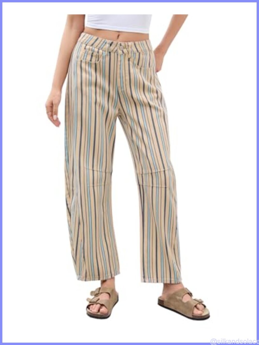 Womens Striped Mid Rise Barrel Jeans Wide Leg Relaxed Fit Cotton Blend